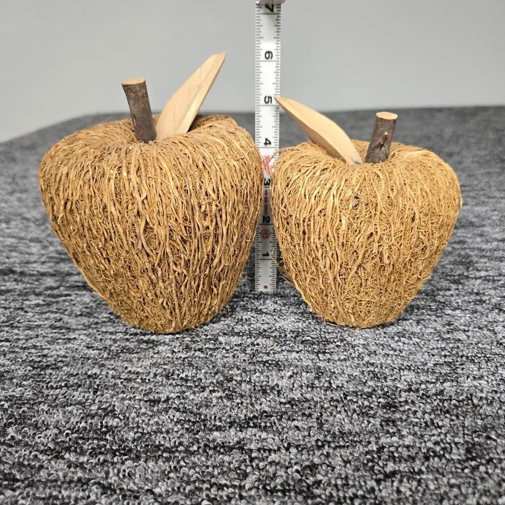 2 Rustic Decorative Apple Figurines Crafted Woven Natural Fibers & Twig Stem